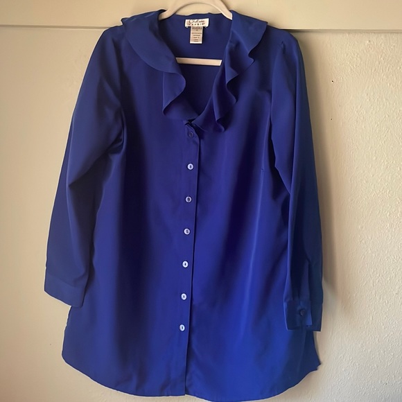 Vintage Chelsea Studio blue polyester ruffled long sleeve button down shirt - Picture 1 of 7